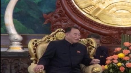 WPK Secretary Kim Yong Chol meets with Lao Predient Choummaly Sayasone in Vientiane on February 12, 2016 (Photo: KPL video screengrab).