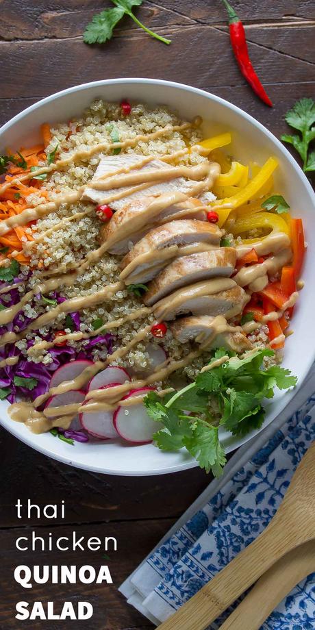 Thai Chicken Quinoa Salad: a healthy, gluten-free 30 minute dinner recipe that tosses crunchy veggies, chicken breast and quinoa in a creamy peanut dressing