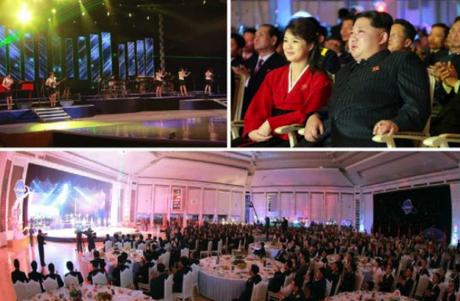 Kim Jong Un and his wife Ri Sol Ju (top right) along with KMS-4 personnel and senior DPRK officials watch a concert by the Moranbong Band following a banquet at Mokran House in central Pyongyang on February 14, 2016 (Photos: Rodong Sinmun/KCNA).