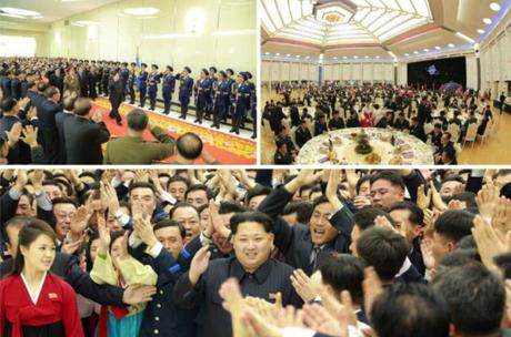 Kim Jong Un arrives and attends a banquet at the WPK Central Committee's Mokran (peony) House in central Pyongyang on February 14, 2016. The banquet was hosted for personnel who participated in the successful launch of the Kwangmyo'ngso'ng-4 on February 7, 2016 (Photos: KCNA/Rodong Sinmun).