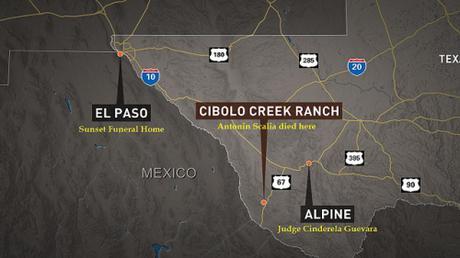 map of Cibola Creek Ranch and El Paso, Texas, where Scalia was embalmed
