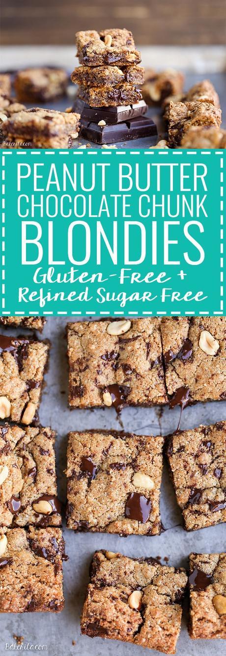 These Peanut Butter Chocolate Chunk Blondies stay soft and chewy for days! They're gluten-free and refined sugar-free, and will satisfy all your chocolate peanut butter cravings.
