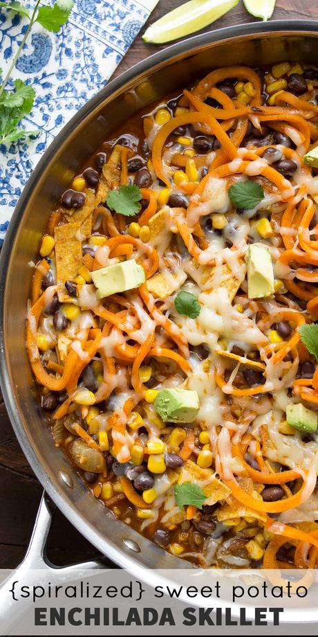 Spiralized Sweet Potato Enchilada Skillet, an easy vegetarian dinner recipe that cooks in one pot and is ready in 30 minutes!