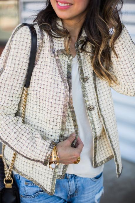 how to wear a chanel jacket with boyfriend jeans, julie vos baroque cuff, chanel boy bag