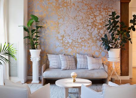 Modern Red Hook Brooklyn Apartment with Calico Wallpaper silver, gold Wabi River in the living area and Farrah Sit daybed, Shibori Pillows, Rebecca Atwood, Fort Standard Coffee Table and Apparatus incense burner