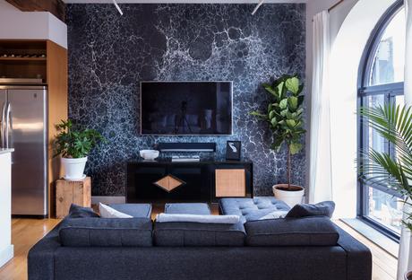Modern Red Hook Brooklyn Apartment with Calico Wallpaper Lunaris midnight credenza and sonos playbar