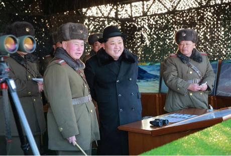 Kim Jong Un observes a combined forces exercise.  Also seen in attendance is General Ri Myong Su, appointed Chief of the KPA General Staff earlier this month (Photo: Rodong Sinmun).