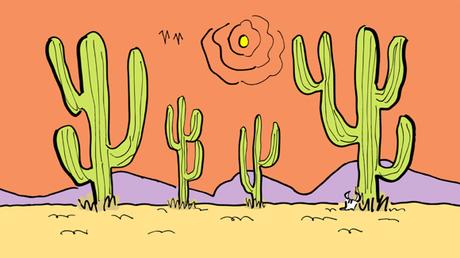 desert backdrop scene flat colors green cacti yellow sand light purple mountains orange sky yellow sun