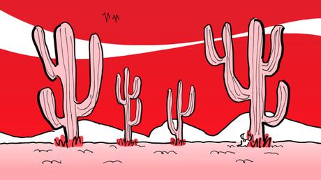 desert backdrop scene convert to Valentine's Day colors pink cacti and sand Coca-Cola red sky with white Coca-Cola can stripe