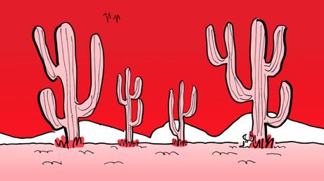 desert backdrop scene convert to Valentine's Day colors pink cacti and sand Coca-Cola red sky