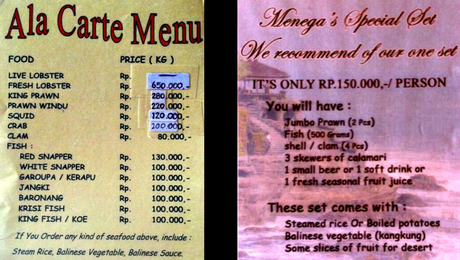 Cost to eat at Jimbaran beach, Bali, Indonesia