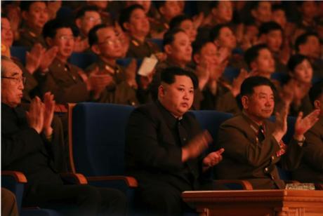 Kim Jong Un Attends Anniversary Concert of KPA Military Band Kim Jong Un watches the KPA Military Band's concert marking its 70th anniversary. Also in attendance with him are Kim Ki Nam (left) and General Pak Yong Sik (right) (Photo: Rodong Sinmun).
