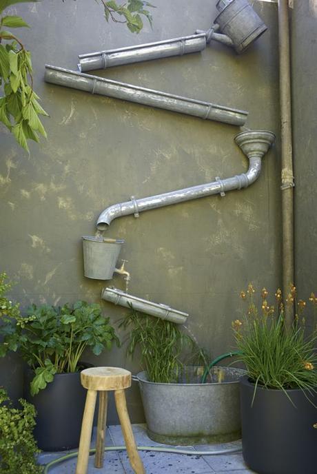 Contemporary Water Feature Wall Fountain Made With Gutters And Buckets