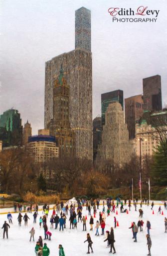 New York, Central Park, ice skating, winter, city, fine art, buildings, skating