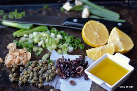 salmon with watercress scallion caper vinaigrette topping