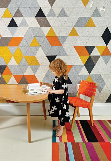 Boston renovation with Fitzfelt prototype felt mural, carpet by Flor, chair and table by Jens Risom for Knoll.