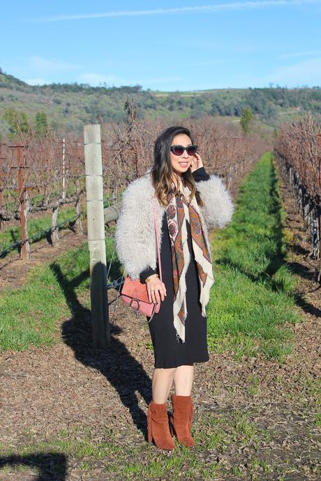 travel outfit napa valley in feb, iro kald jacket, dolce vita fringe booties, chloe faye bag in pink