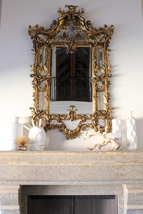 modern glam zen living room, baroque venetian mirror, vintage and modern mantle inspo