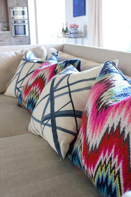modern glam zen living room, MGBW franco sofa, jonathan adler bargello pillows, kelly wearstler channels pillows