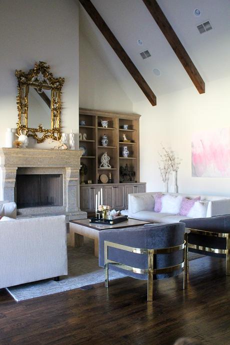 modern glam zen living room, baroque venetian mirror, MGBW franco sofa and avery chair, gold accents