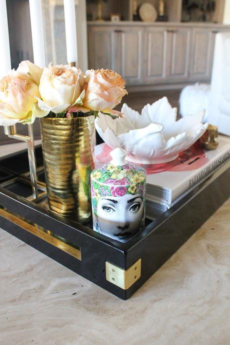 modern glam zen living room, coffee table tray idea, fornesetti candle