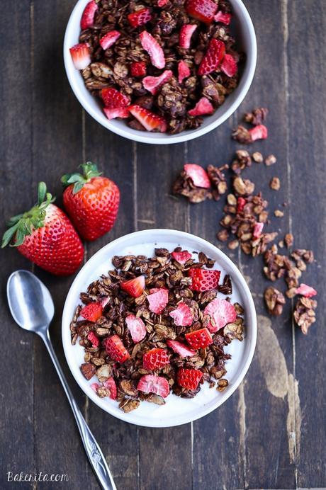 This Chocolate Strawberry Granola is healthy enough to eat for breakfast, but so delicious you'll want to have it for dessert too! This easy granola recipe is gluten-free and vegan.