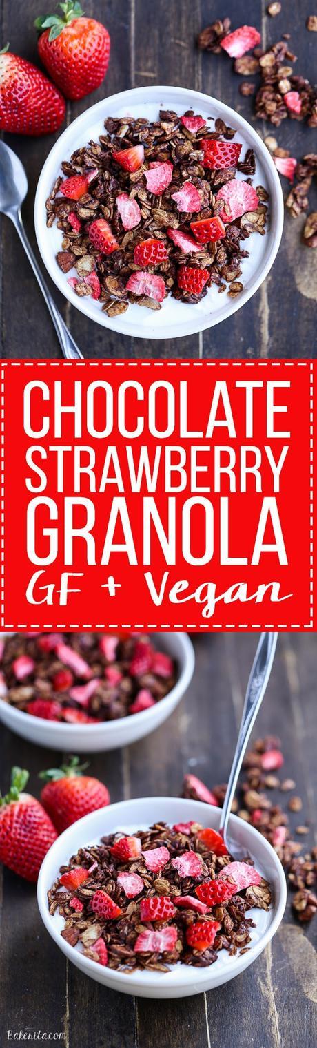 This Chocolate Strawberry Granola is healthy enough to eat for breakfast, but so delicious you'll want to have it for dessert too! This easy granola recipe is gluten-free and vegan.