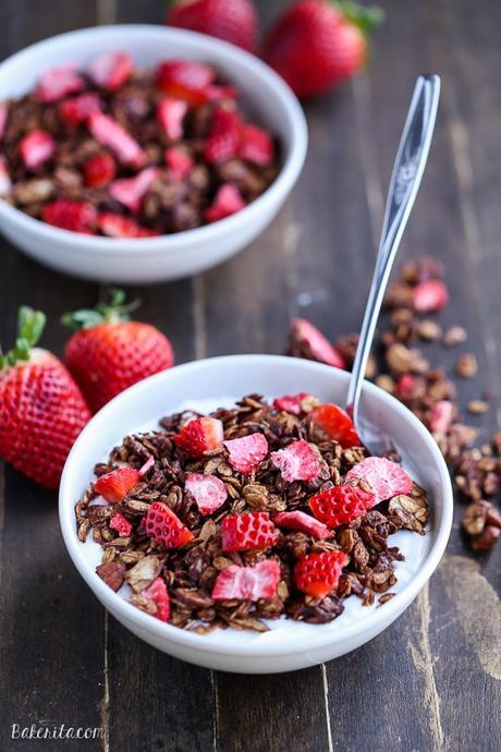 This Chocolate Strawberry Granola is healthy enough to eat for breakfast, but so delicious you'll want to have it for dessert too! This easy granola recipe is gluten-free and vegan.