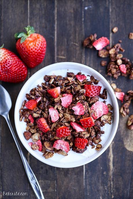 This Chocolate Strawberry Granola is healthy enough to eat for breakfast, but so delicious you'll want to have it for dessert too! This easy granola recipe is gluten-free and vegan.