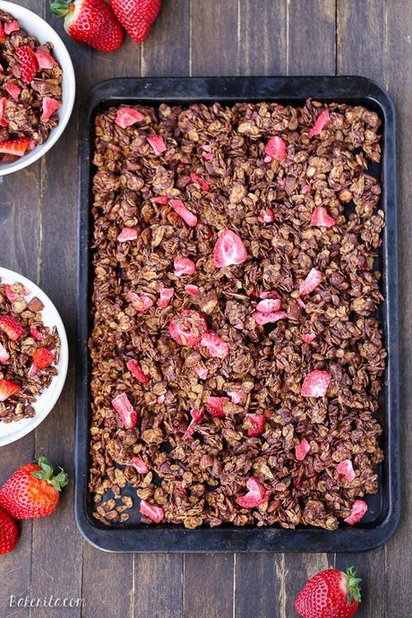 This Chocolate Strawberry Granola is healthy enough to eat for breakfast, but so delicious you'll want to have it for dessert too! This easy granola recipe is gluten-free and vegan.