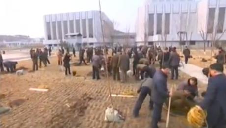 Members of the Kim Il Sung Youth League plant trees and shrubberies at the Mangyo'ngdae Schoolchildren's Palace in Pyongyang on March 2, 2016 as part of National Tree Planting Day (Photo: KCTV screen grab).