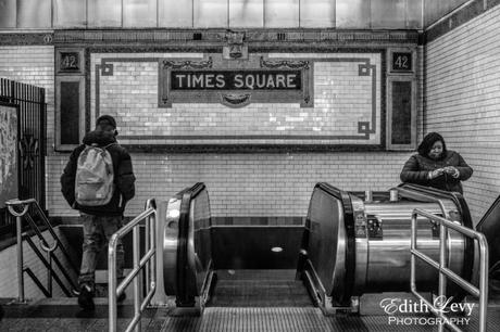 New York, NYC, Manhattan, subway, Times Square, escalators, black and white