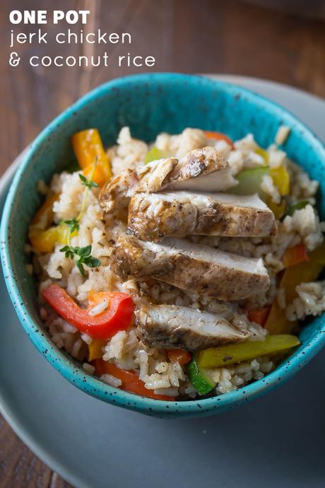 One Pot Jerk Chicken & Coconut Rice, an easy and healthy recipe to get dinner on your table in 45 minutes using one pot!