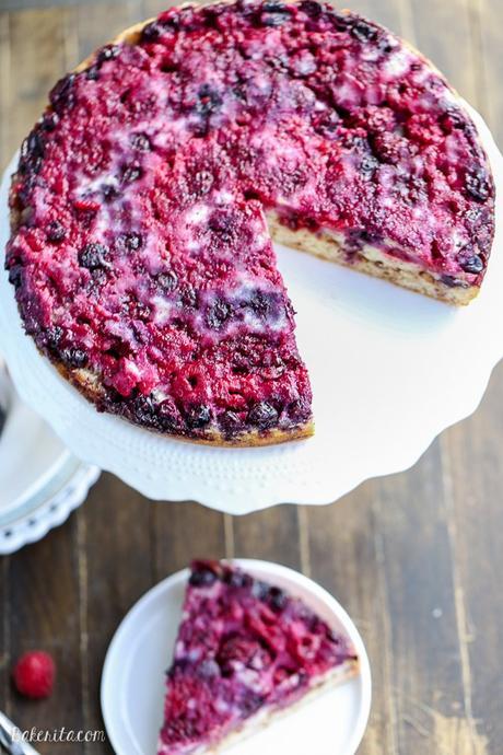 This Berry Upside Down Cake highlights the bright flavor of fresh berries and has a layer of cinnamon crumb swirl in the center!