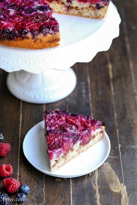 This Berry Upside Down Cake highlights the bright flavor of fresh berries and has a layer of cinnamon crumb swirl in the center!