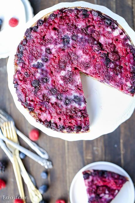 This Berry Upside Down Cake highlights the bright flavor of fresh berries and has a layer of cinnamon crumb swirl in the center!