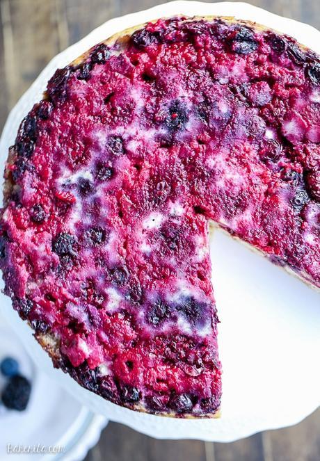 This Berry Upside Down Cake highlights the bright flavor of fresh berries and has a layer of cinnamon crumb swirl in the center!