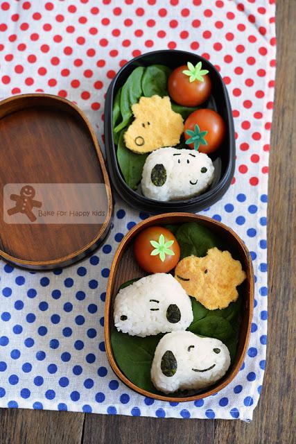 Snoopy rice balls and Woodstock eggs omelette