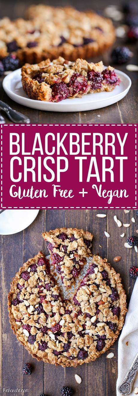 This quick and easy Blackberry Crisp Tart has an oatmeal crust and fresh blackberries! This recipe is gluten-free, refined sugar-free and vegan.