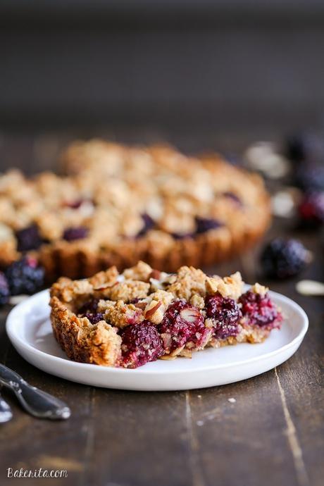 This quick and easy Blackberry Crisp Tart has an oatmeal crust and fresh blackberries! This recipe is gluten-free, refined sugar-free and vegan.