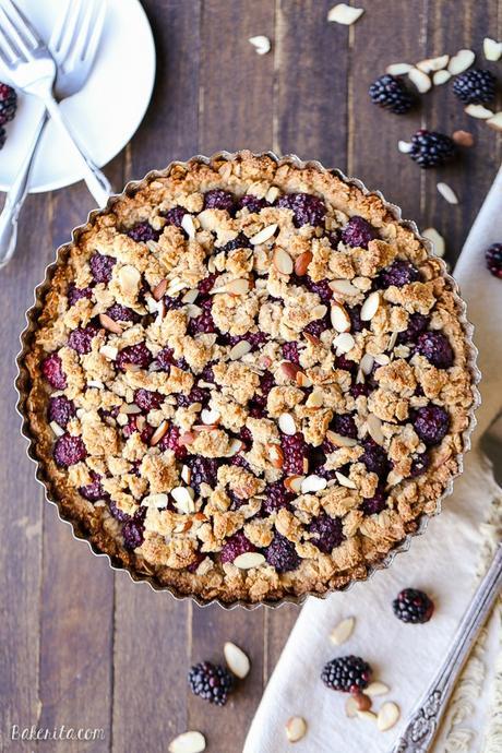 This quick and easy Blackberry Crisp Tart has an oatmeal crust and fresh blackberries! This recipe is gluten-free, refined sugar-free and vegan.