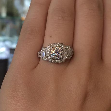 Simon G three stone halo engagement ring