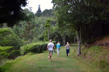 5 kids running barefoot moss