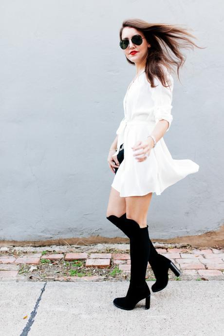 Dallas blogger Amy Havins wears a white Amanda Uprichard shirtdress.