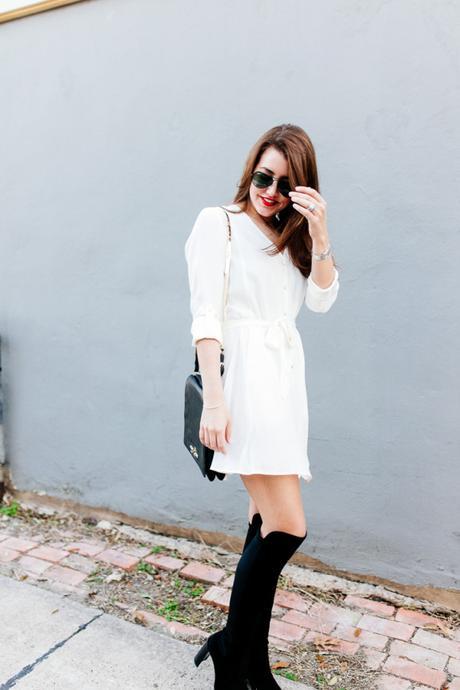 Dallas blogger Amy Havins wears a white Amanda Uprichard shirtdress.