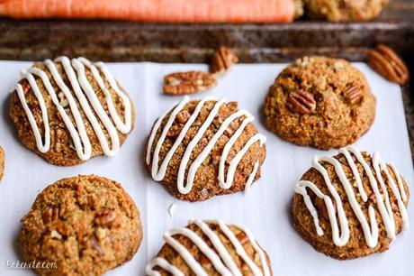 These Carrot Cake Cookies are drizzled with cream cheese glaze and taste just like carrot cake! The cookies are gluten-free, grain-free, and refined sugar-free.