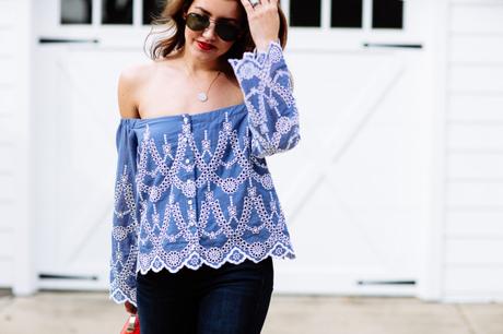 Dallas blogger Amy Havins wears a blue off the shoulder blouse by Kendall & Kylie Jenner. 