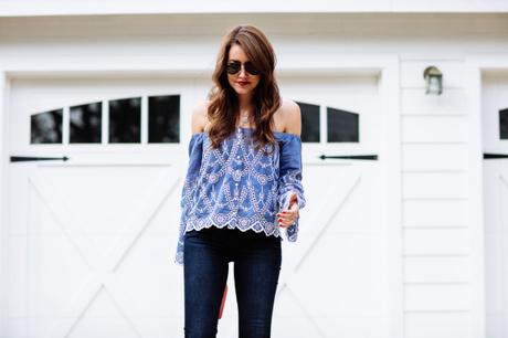 Dallas blogger Amy Havins wears a blue off the shoulder blouse by Kendall & Kylie Jenner. 