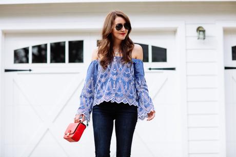 Dallas blogger Amy Havins wears a blue off the shoulder blouse by Kendall & Kylie Jenner. 