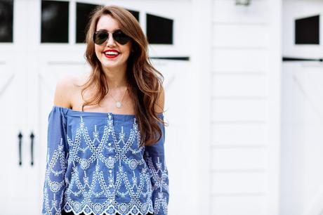 Dallas blogger Amy Havins wears a blue off the shoulder blouse by Kendall & Kylie Jenner. 